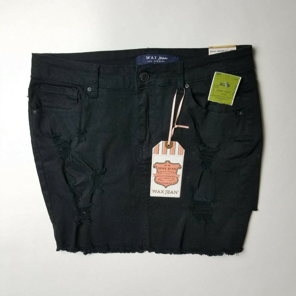 Wax Jean Skirt Destruction Frayed Hem Black Size M NWT - Picture 2 of 9
